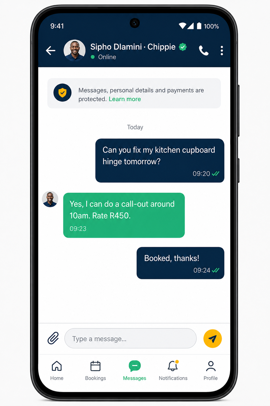 iWorka in-app chat between customer and worker
